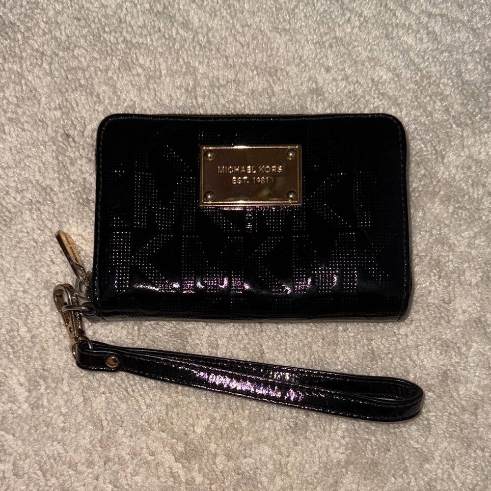 Michael Kors Shiny Black Wristlet with Gold Accents